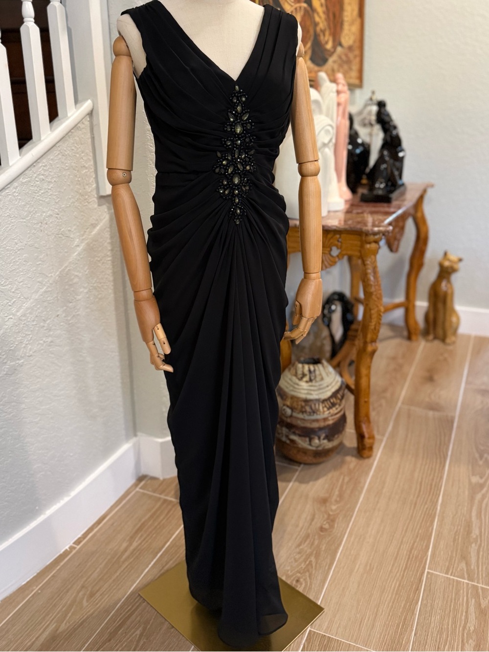 Tadashi Shoji Black Beaded V-Neck Ruched Maxi Dress